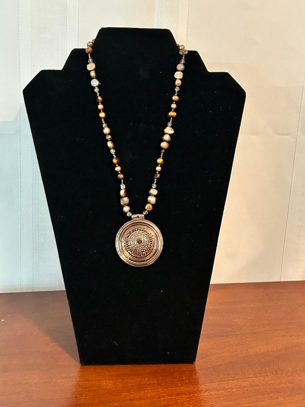Bronze Freshwater Pearl Sea Urchin Medallion Pendant Necklace 18 Inch Statement